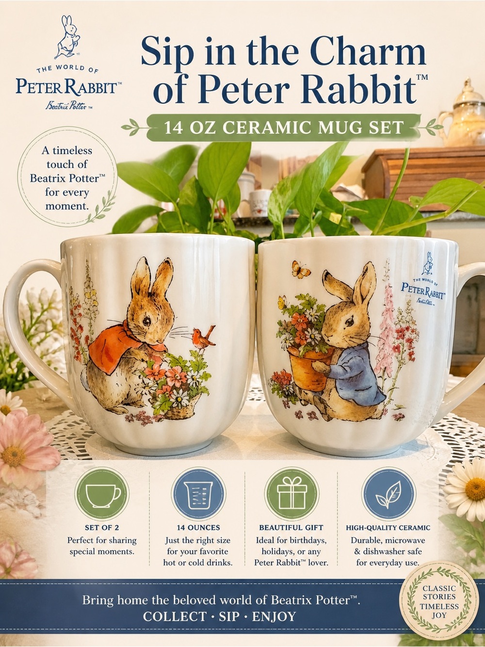 Pair of Peter Rabbit 14 oz. Ceramic Mugs with Floral Accents two sided design